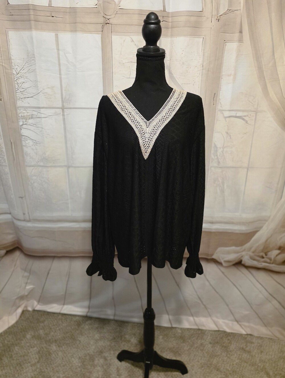Black V-Neck Crochet Trim Long Sleeve Top